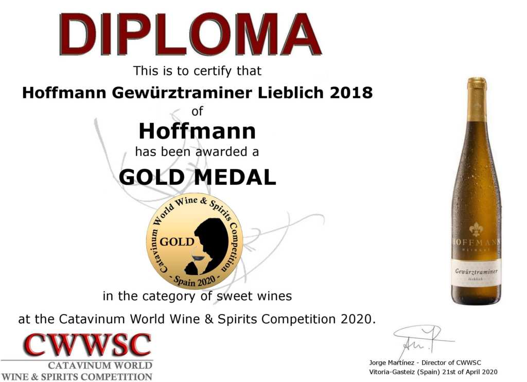 CWWSC Goldmedaille für den Gewürztraminer Lieblich 2018