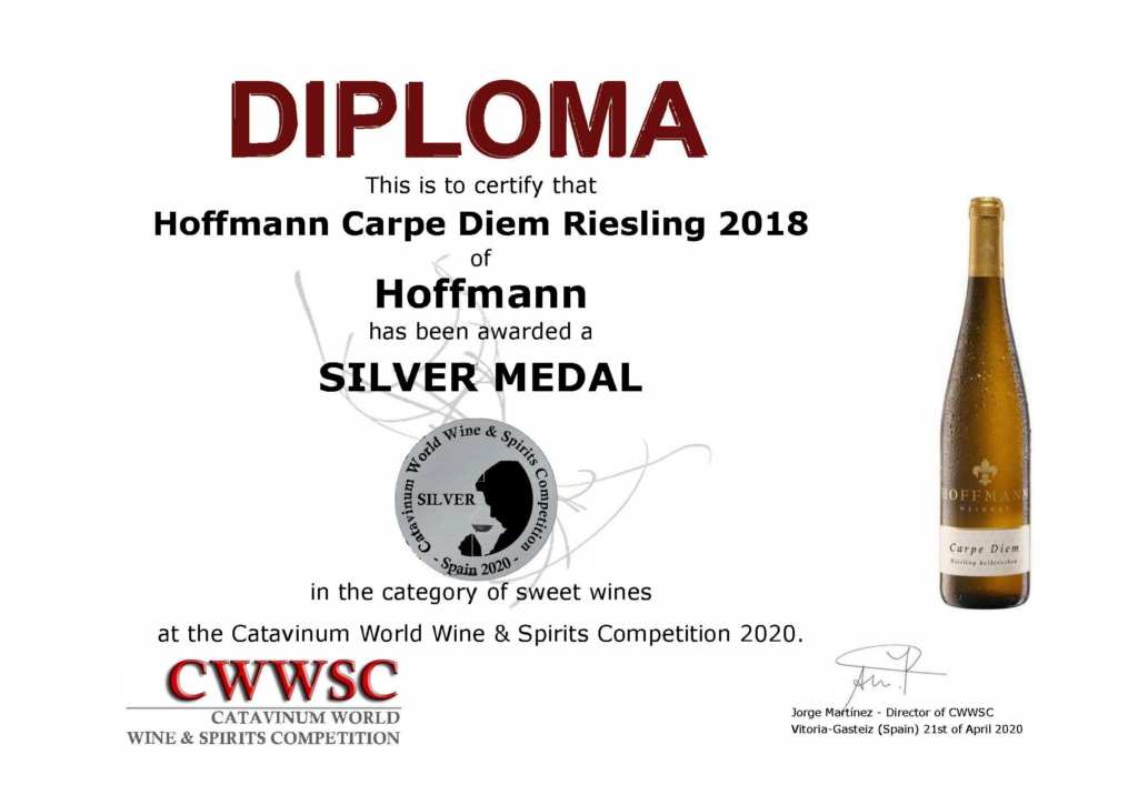 CWWSC Silbermedaille für den Carpe Diem Riesling 2018