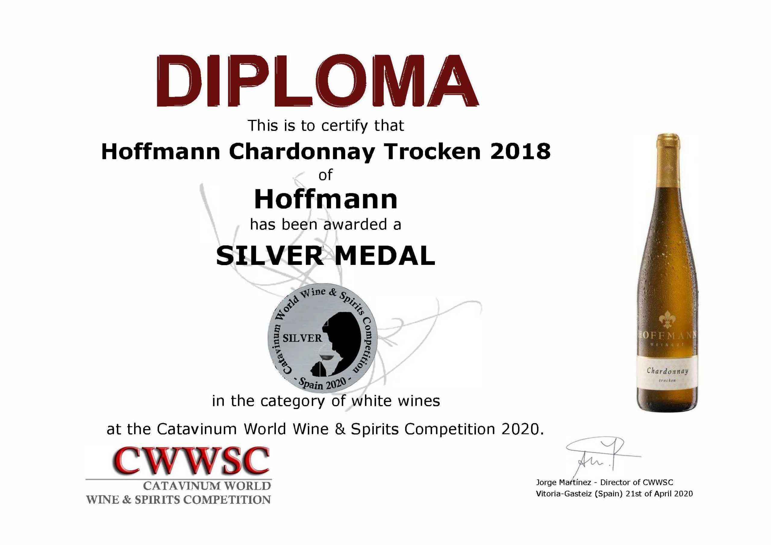 CWWSC Silbermedaille für den Chardonnay Trocken 2018